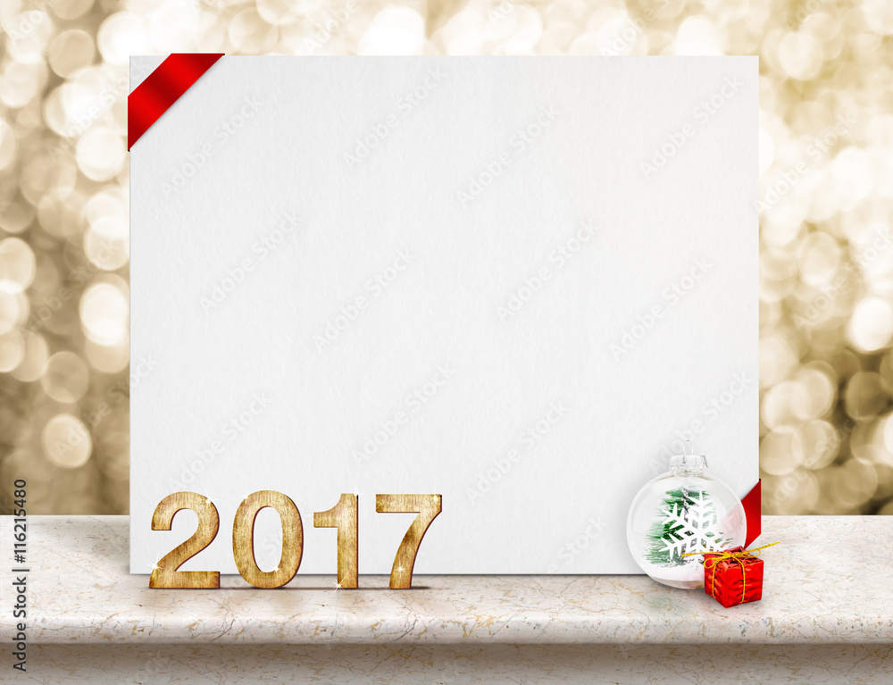 Poster 2017 year wood number and white card with red ribbon in perspect