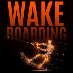 Wakeboarder on a wave in motion. Abstract silhouette of man or girl of glowing lines and points in motion. Imitation fiery athletes body. Vector sport illustration on black background