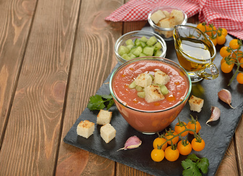 Cold soup gazpacho with yellow tomatoes