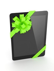Black tablet with green bow. 3D rendering.