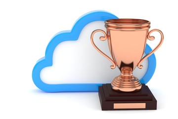 Isoalted bronze cup with cloud on white background. Blue contour cloud. Concept of cloud storage competition. Leader cloud drive. Best storage contest. 3D rendering.