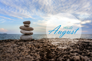 Hello August wallpaper, summer on beach. text with beach background