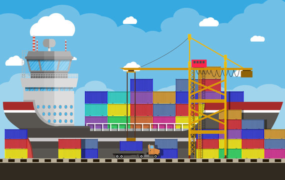 cargo ship, container crane, truck. port logistics