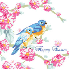 Spring Card with Watercolor flowers and pigeons. Beautiful Easter card with blossom flowers and pigeons. Rose quartz and Serenity color. Vector