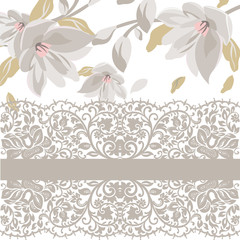 Vintage Beautiful Floral Card with delicate lace pattern. Place for text. Vector spring time illustration