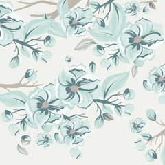 Vintage Watercolor Spring Flowers Background. Blooming Flowers background. Flower blossom tree branch. Vintage background for textile, texture, wallpaper, invitation, greeting, wedding. Serenity color