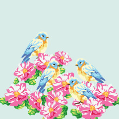 Vector illustration blooming tree and pigeons in watercolor technique. Beautiful Spring Time flower and birds composition design for backgrounds, cards, wallpaper etc