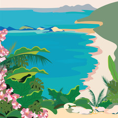 Fototapeta na wymiar Exotic Paradise Beach. Summer Beach Tropics with Palm trees and flowers. Vector background card
