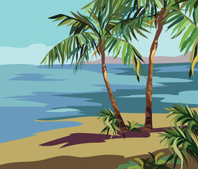 Tropical Exotic Summer Beach with Palm trees and flowers. Vector background card