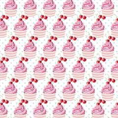Cherry cupcakes pattern Vector. Retro dotted background