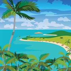 Vector Tropical Beach with Palm trees. Vector summer background card