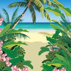 Fototapeta na wymiar Exotic Paradise Beach. Summer Beach Tropics with Palm trees and flowers. Vector background card