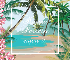 Tropical Exotic Paradise Beach. Summer Beach with Palm trees and flowers. Vector background card