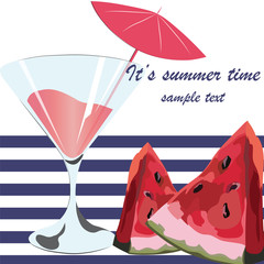 Watermelon and Cocktail Juice Glass, Summer Time card with Juicy Watermelon fruit in watercolor technique Vector