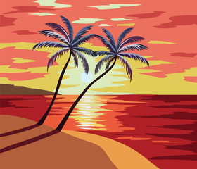 Sunset Beach Vector illustration. Summer Sunset seaside with palm trees Vector