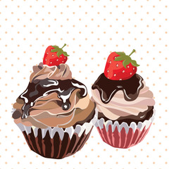 Delicious Strawberry and chocolate Cupcakes on Retro dotted pattern Vector