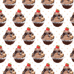 Chocolate cupcake pattern background. Vector cupcake dessert pattern. Delicious cupcake with Melted chocolate top and strawberry