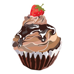 Delicious Strawberry and chocolate Cupcake isolated on white Vector