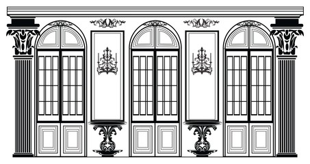 Vector architectural facade. Wire frame blueprint drawing of classic luxury building. Vector architectural template background
