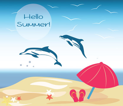 Vector Summer Beach Illustration with Dolphins
