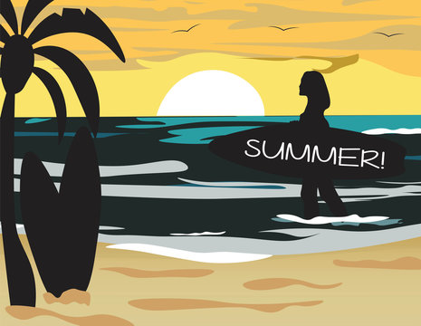 Summer Beach Vector with silhouette woman surfing