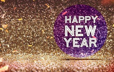 Happy New year on purple circle in gold color abstract glitter b