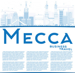 Outline Mecca Skyline with Blue Landmarks and Copy Space.
