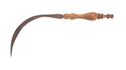 Obraz premium Old vintage rusty sickle with wood carving handle isolated on wh