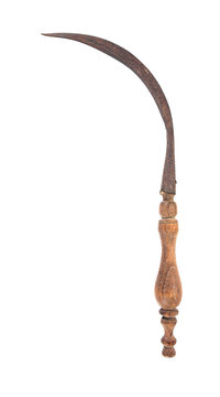 Old vintage rusty grain sickle isolated on white background.Thai