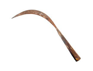 Vintage rusty sickle isolated on white background.Old metal sick