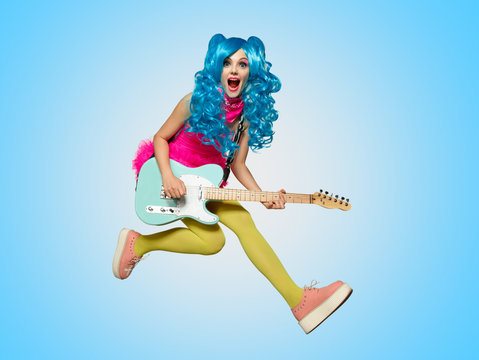 The girl in anime-style guitar playing.