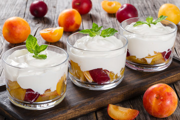 fresh greek yogurt with cherry plums in glass cups