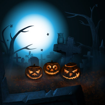 Scary Halloween pumpkins on the mist-shrouded cemetery.  Vector illustration.