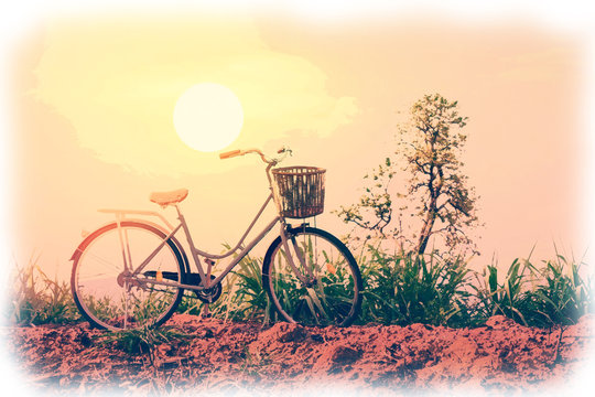 Watercolor painting of a beautiful vintage bicycle in the field with colorful sunlight ; vintage filter style for greeting card and post card.