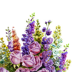 Abstract flowers watercolor painting. Spring multicolored flowers