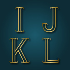 I, J, K, L shiny golden letters with shadow. Outline font with flourishes. Type in art deco style.