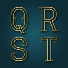 Q, R, S, T shiny golden letters with shadow. Outline font with flourishes. Type in art deco style.