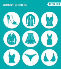 Vector set web icons. Womens clothing shoes, coat, jacket, skirt, dress, t-shirt, swimming trunks, brassiere. Design of signs, symbols on a turquoise background