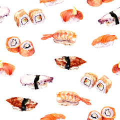 Sushi, roll seamless pattern. Watercolor food