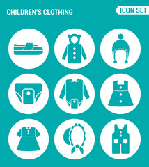 Vector set web icons. Children clothing shoes, jacket, raglan, cap, diapers, clothes, hat, pants. Design of signs, symbols on a turquoise background