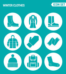 Vector set web icons. Winter clothes shoes, coats, boots, jacket, gloves, scarf, hat, bag, sock. Design of signs, symbols on a turquoise background