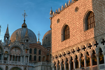 Saint Marks Basilica, Cathedral, Church Statues. Mosaics Details, Doge's Palace,(Palazzo Ducale). Sunset. Venice, Italy, Veneto, Italy