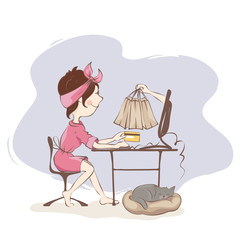 Very fast delivery of purchases/Young woman makes a purchase over the Internet at home