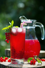 Homemade redcurrant juice in a glass and jug with mint  ice in summer garden