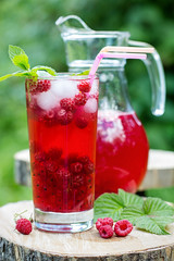 Homemade berry juice in a glass and jug with raspberry redcurrant in summer garden