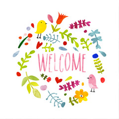 Colorful hand drawn doodle welcome card.