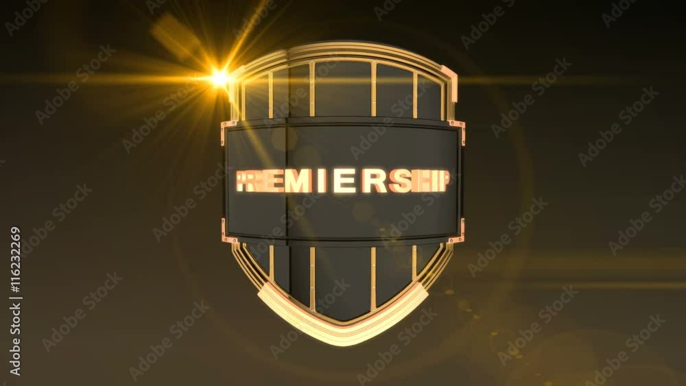 Poster seamless looping 3d animation of the word premiership on a shield – orange light version; including 
