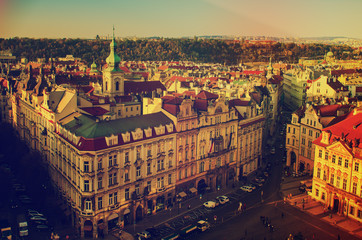 Old Town Square in eastern european Czech capital Prague - view from Town Hall, travel hipster background