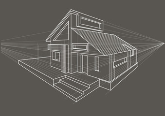 Linear architectural sketch detached house on gray background