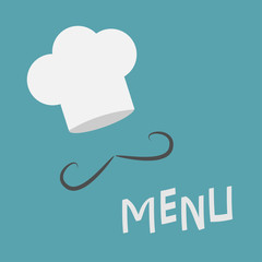 Chef hat and mustache.  Menu card. Curl moustaches. Restaurant uniform. Flat design material style. Blue background.